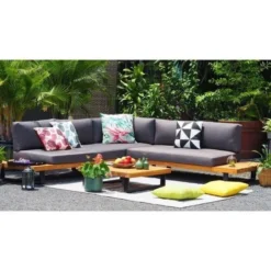 ALUXE Salon De Jardin En Bois D'acacia Et Pieds En Aluminium, Canapé D'angle Et Une Table Basse