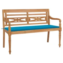 Banc Batavia Avec Coussin Bleu 150 Cm Bois De Teck Massif 3