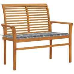 Banc De Jardin Avec Coussin à Carreaux Gris 112 Cm Teck Massif