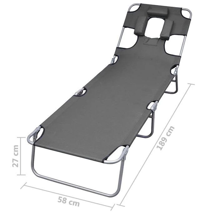 Chaise Longue Pliable Et Coussin De Tête Dossier Réglable Gris 7 Chaise Longue Pliable Et Coussin De Tête Dossier Réglable Gris – Image 7