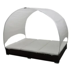 Lit De Jardin Avec Toit Tissu Blanc Et Résine Marron Khoa