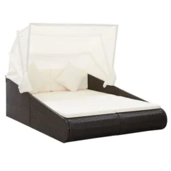 Lit De Jardin Avec Toit Tissu Blanc Et Résine Marron Nov