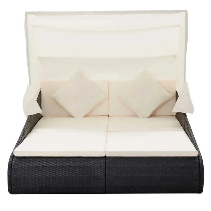 Lit De Jardin Avec Toit Tissu Blanc Et Résine Tressée Noire Nov 2 Lit De Jardin Avec Toit Tissu Blanc Et Résine Tressée Noire Nov – Image 2