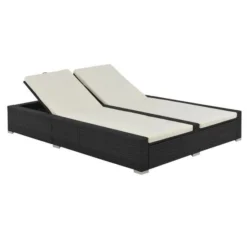 Lit De Jardin Double Tissu Beige Et Résine Tressée Noire Luvi
