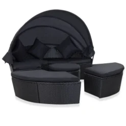 Lit De Jardin Modulable à Auvent Résine Et Tissu Noir Velass