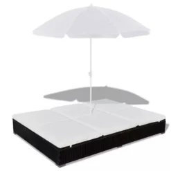 Lit De Jardin Réglable Avec Parasol Résine Tressée Noire Uvo