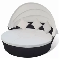 Lit De Jardin Rond Avec Auvent Résine Tressée Noire Miaden