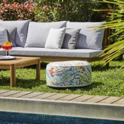 Pouf Gonflable Jardin Bocarnea - Assise 53 Cm - Revetement Spun Polyester 200 Mg - Motif Tropical Multicolore